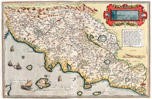 Thusciae. Descriptio auctore Hieronymo Bellamarto Geografische kaart van het gebied van Toscane in Italië uit 
