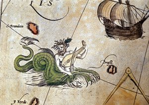 Triton speelt luit nabij het eiland van Sint Brendan (Brandan). 