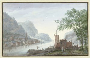 Bergachtig landschap met gezicht op een dorp aan een rivier