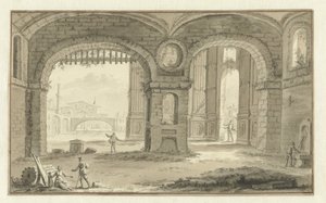 Gefantaseerd Italiaans stadsgezicht met klassieke bouwwerken door Abraham Rademaker