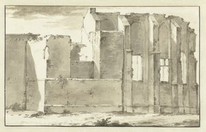 Gezicht op de bouwvallen van het koor van de Grote Kerk te Zandvoort door Abraham Rademaker