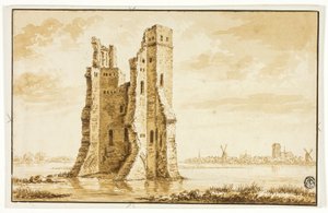 Ruïnes van het Merwede-landhuis gezien vanaf de voorkant met Dordrecht op de achtergrond