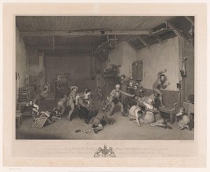 Blindemannetje in interieur met openhaard door Abraham Raimbach