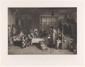 Sober interieur met mannen die beslag leggen op het bezit van een familie