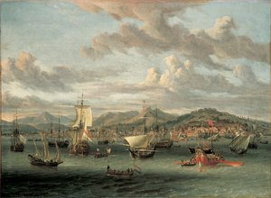 Nederlandse schepen bij de Baai van Smyrna met een staatsboot door Abraham Storck