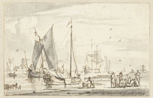 Rivieroever met enkele schepen