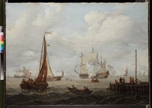 Zeegezicht met een Nederlands oorlogsschip, voor 1708 door Abraham Storck