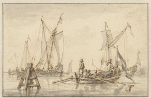 Stille zee met enkele boten door Abraham Storck