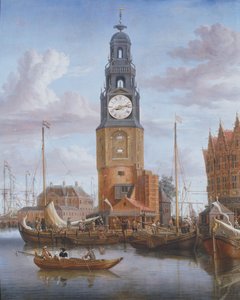 Uitzicht op de Haringspacker Toren in Amsterdam, met een werkende klok in het schilderij, 1684