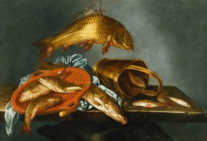 Een snoek, karper, zeelt en voorn met een zeef en een koperen emmer op een richel, 1661
