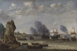 Een gevecht nabij een kust tussen Spanjaarden en ontschepende Nederlanders door Abraham Willaerts
