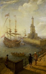 Een Spaanse driemaster voor anker voor de kust van Napels (Italië), gezien vanaf een geplaveide pier in de stad, richting de vuurtoren en de gebouwen van de mediterrane haven