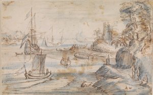 Kustlandschap met meerdere schepen, een hoge kust met meerdere figuren