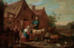 Boerenfamilie met vee, schapen en geiten op een boerenerf