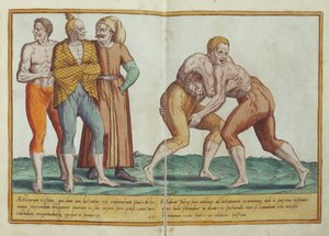 Turken worstelen, zestiende-eeuwse kostuums uit Omnium Poene Gentium Imagines, gepubliceerd in Keulen, 1577 (handgekleurde gravure) door Abraham de Bruyn