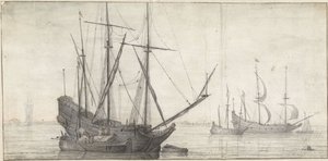 Zeilschepen op stil water bij de kust door Abraham de Verwer (possibly)
