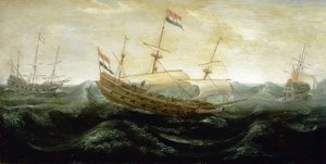 Een Nederlands schip varend op een zeer woelige zee