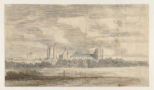 Gezicht op het kasteel van Vincennes, achter een rij bomen