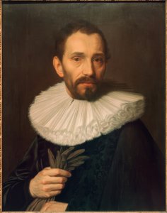 Portret van een man, handschoenen vasthoudend, licht naar links door Abraham de Vries