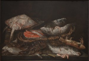 Stilleven met Vis op een Stenen Tafel