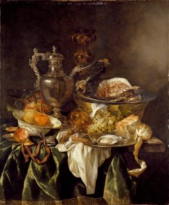 Stilleven met een Zilveren Wijnkan en een gereflecteerd portret van de kunstenaar door Abraham van Beyeren