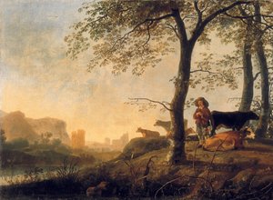 Avondlandschap met een koeherder en koeien aan de rand van een bosje, een brug en ruïnes op de achtergrond