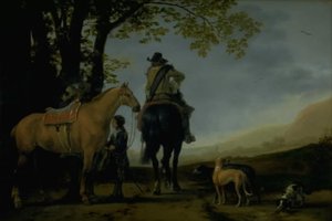 Twee ruiters in een landschap door Abraham van Calraet