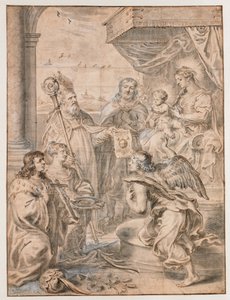 Maria met kind op troon aanbeden door drie heiligen door Abraham van Diepenbeeck