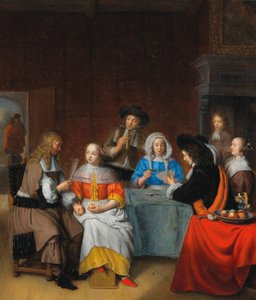 Interieur met een elegant gezelschap dat kaarten speelt, 1660s