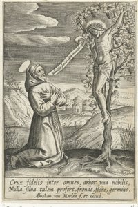 Knielende heilige voor Christus aan het kruis door Abraham van Merlen