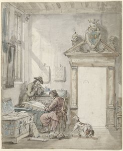 Interieurscène met schrijvende man aan een lessenaar door Abraham van Strij (I)