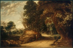 Boslandschap met rustende wandelaars