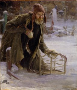 De vogelvanger. Een man in armoedige kleding knielt in de sneeuw en houdt een kooi vast