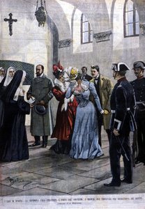 In Madrid wordt een jonge vrouw, juffrouw Ubao, uit het kloosterleven gehaald waar ze zich bevond op suggestie van de Jezuïeten. Illustratie door Beltrame. La Domenica del corriere. 1901.