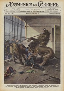 In Monfalcone vielen drie leeuwen van een menagerie plotseling een bediende aan door Achille Beltrame