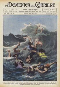 In Montalto di Castro, nabij Civitavecchia, een groep badgasten, bestaande uit zeven vrouwen... door Achille Beltrame