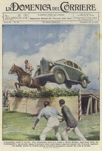 Een auto en een paard springen over een hindernis op een renbaan in New Orleans