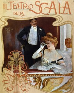 Een stel in een kleedkamer in het Teatro alla Scala. De jonge vrouw observeert de scène met een verrekijker. Illustratie door Achille Beltrame.