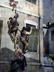Een gedurfde ontsnapping van vier gevangenen uit de gevangenis van Asti na het doorbreken van de muur. Tekening door Beltrame. La Domenica del Corriere. 1902