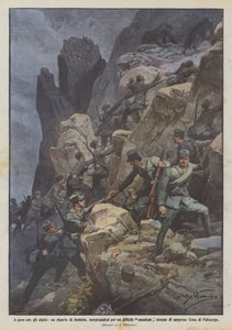 Wedijver met de alpini, een infanterie-eenheid beklimt een moeilijke kloof en bezet