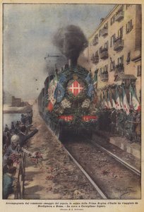 Begeleid door het ontroerde eerbetoon van het volk, reisde het lichaam van de eerste koningin van Italië