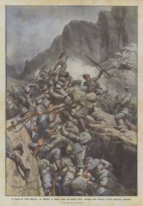 Bij de pas van Valle Inferno, een peloton alpini verovert na een heroïsch gevecht een loopgraaf door Achille Beltrame