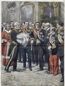 Alfonso XIII (1886-1941), Koning van Spanje bij de ceremonie van de presentatie van zijn zoon Alfonso (1907-1938), Graaf van Covadonga, Prins van Asturië. Tekening door Achille Beltrame. uit 1907.