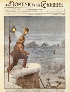 Amerikaanse ontdekkingsreiziger, Richard E Byrd, vergezeld door metgezellen in Antarctica na vijf maanden alleen te zijn geweest, door Achille Beltrame, illustratie, Illustrator Achille Beltrame (1871-1945), uit La Domenica del Corriere, 26 augustus 1934 door Achille Beltrame
