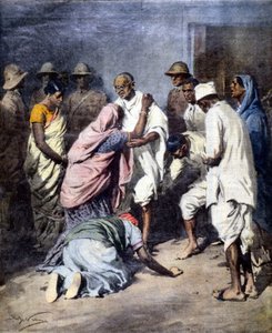 Arrestatie van Mahatma Gandhi (1869 - 1948). Ill. door Achille Beltrame. La Domenica del Corriere. 1932