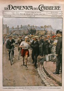 Aankomst van Dorando Pietri in marathon, Olympische Spelen van Londen, illustratie door Achille Beltrame uit La Domenica del Corriere, 2-9 augustus