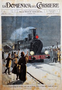 Aankomst van de nieuwe eeuw, mensen verwelkomen de nieuwe eeuw met vreugde, illustratie door Achille Beltrame (1871-1945), uit La Domenica del Corriere, 6 januari
