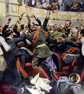 Aanslag op de Russische minister Stolypin in het gemeentelijk theater van Kiev. Illustratie van Beltrame door Achille Beltrame