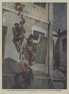 Gedurfde ontsnapping van vier gevangenen uit de gerechtelijke gevangenis van Asti na het doorboren van de gevangenismuur door Achille Beltrame