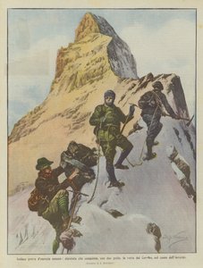 Gedurfde daad van menselijke energie, bergbeklimmer die met twee gidsen de top van de Matterhorn bereikt in de winter